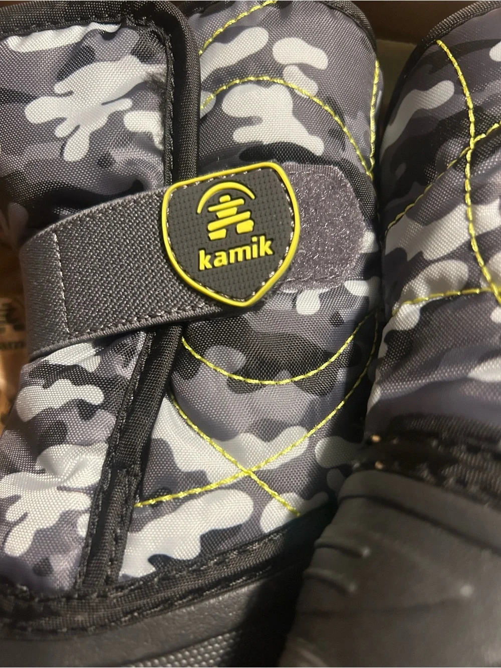 Kids Winter Boots with Gray Camo and Neon Yellow Accents